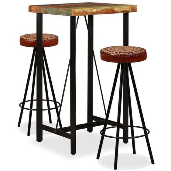 vidaXL Ensemble de bar 3 pcs Bois de récupération Cuir véritable et toile