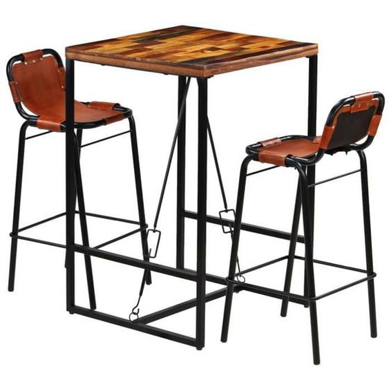 vidaXL Ensemble de bar 3 pcs Bois massif recyclé et cuir de chèvre