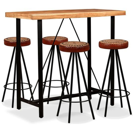 Vidaxl Ensemble De Bar 5 Pcs Bois Dacacia Cuir Véritable Et Toile