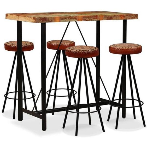 vidaXL Ensemble de bar 5 pcs Bois de récupération Cuir véritable et toile