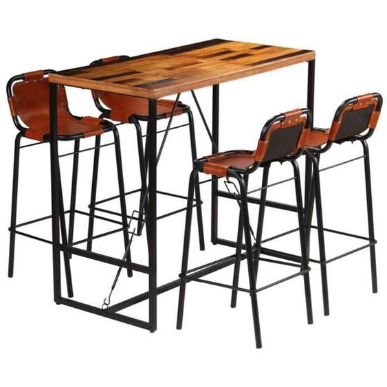 vidaXL Ensemble de bar 5 pcs Bois massif recyclé et cuir de chèvre