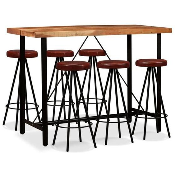 vidaXL Ensemble de bar 7 pcs Bois dacacia massif et cuir véritable