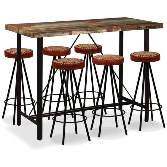 Vidaxl Ensemble De Bar 7 Pcs Bois De Récupération Cuir Véritable Et Toile