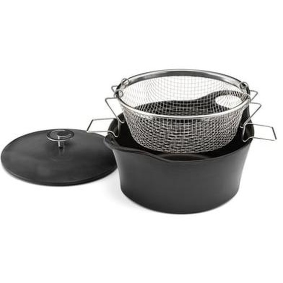 Volcan - Cocotte ronde noire 24 cm avec panier cuisson  pour friture eau