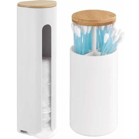 WENKO Distributeur de coton disque et distributeur coton tige, bois et plastique blanc, Laresa