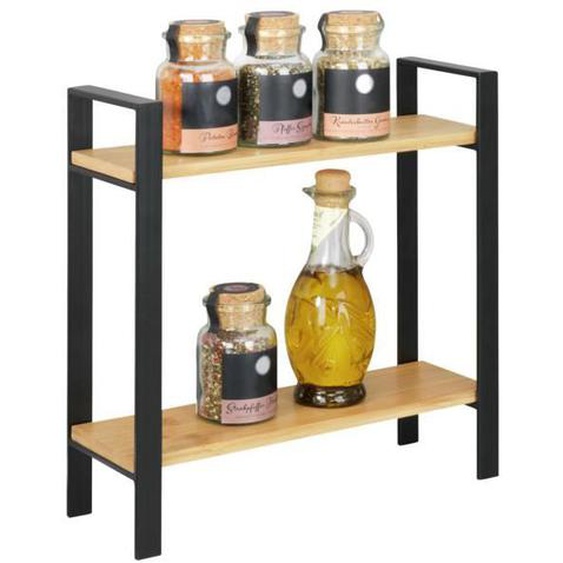 WENKO Etagère à épices LOU, Petit Meuble Etagère de Rangement de Cuisine à 2 Niveaux, Style Industriel, 32x33x11cm, Métal et Bambou