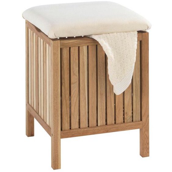 WENKO Tabouret Salle de Bain et Panier à Linge NORWAY, Rangement en Bois de Noyer, Siège avec Coussin Rembourré, 39x52x39 cm,