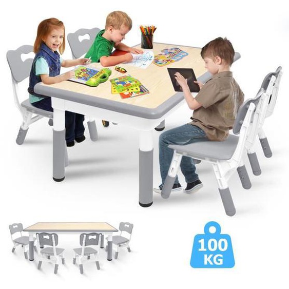 XMTECH Ensemble Table et Chaises pour enfants, Table Enfant avec 4 Chaises, Charge 100KG, 3 ans et plus, Gris